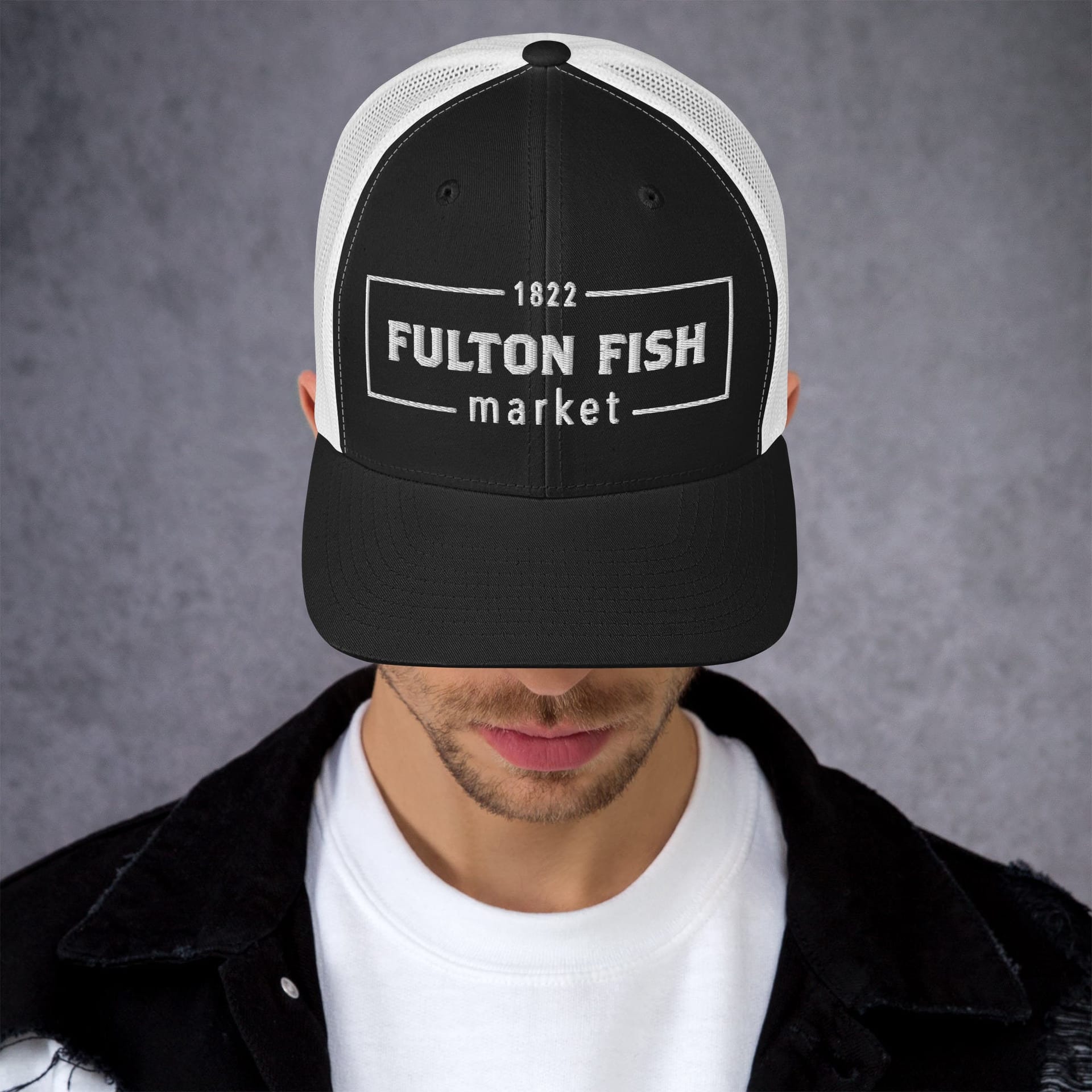 Fulton Fish Market Trucker Hat, Black & White image